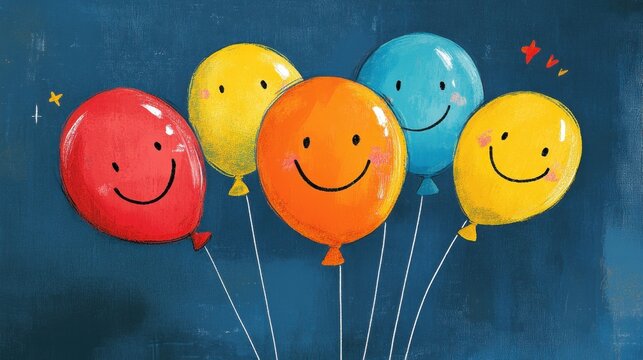 Bright and colorful balloons floating around a smiling face illustrated in a playful and cheerful style