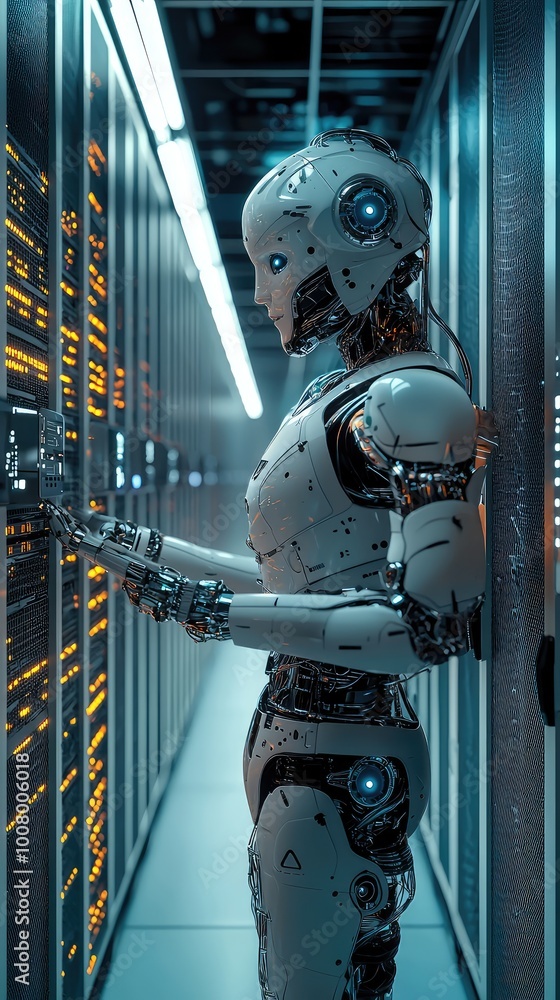 Poster a humanoid robot interfacing with data servers in a futuristic environment, showcasing advanced tech