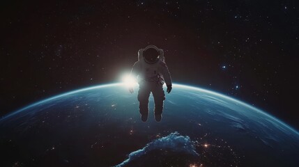 Obraz premium Capture the awe-inspiring moment of an astronaut floating weightlessly in space, with a stunning view of Earth below, illuminated by distant stars and the vast, infinite blackness of the universe