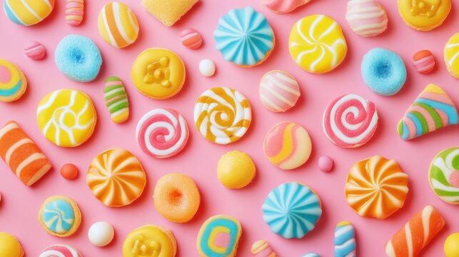 Seamless candy-themed pattern featuring bright sweets in an orderly and playful arrangement over a pastel-colored background