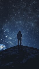 Capture the awe-inspiring moment of an astronaut standing on the moon's surface, illuminated by distant starlight, with Earth visible in the background, highlighting the vastness of space