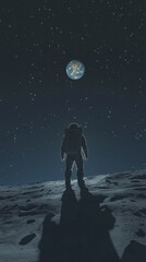 Obraz premium Capture the awe-inspiring moment of an astronaut floating weightlessly in space, with a stunning view of Earth below, illuminated by distant stars and the vast, infinite blackness of the universe