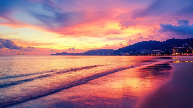 The stunning view of Patong Beach at sunset, with golden sands and vibrant nightlife in the background.