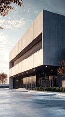 A modern architectural building with sleek lines and large windows, set against a clear sky and landscaped surroundings.