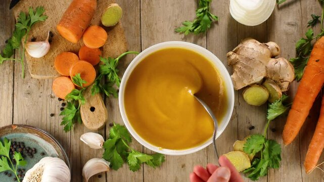 Bowl of carrot or pumpkin soup with a spoon. Ideal for healthy eating, diet, and winter meals