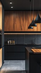 A modern kitchen with sleek black cabinets and warm wooden accents, showcasing elegant design and contemporary lighting.