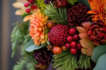 Close-up of a Floral Arrangement with Red Berries, Pine Needles, and Orange and Burgundy Flowers