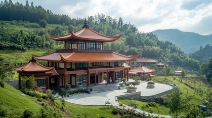 The tranquil setting of the Sikhio Buddha Footprint Temple, surrounded by rolling hills.