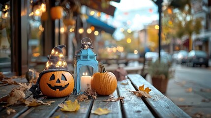 Festive Halloween Pumpkins with Lantern on Wooden Table Fall Leaves Blurred City Backgro