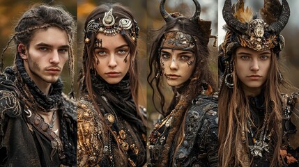 Fototapeta premium Fantasy Tribe Portraits Mystical Costumes Tribal Fashion Nature Background