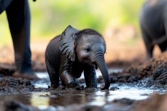 A baby elephant playing in the mud at a sanctuary, its small size and joyful energy contrasting with the gentle presence of adult elephants nearby.