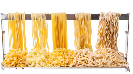Stainless steel pasta drying rack with noodles on white background
