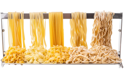 Stainless steel pasta drying rack with noodles on white background