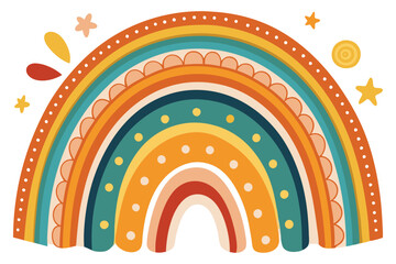 Cute Cartoon Hand-Drawn Rainbow Stickers for Kids – Cloud, Sun & Heart Vector Set.