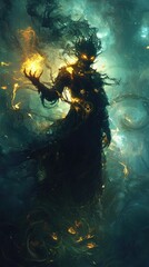 A mysterious figure engulfed in shadows and flames, symbolizing power and darkness in a mystical atmosphere.