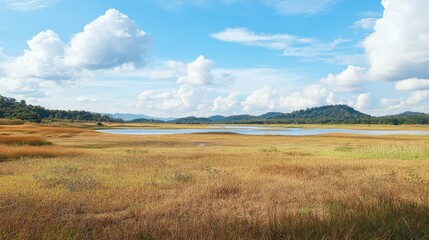 Obraz premium The wide, open landscapes of Lam Takhong Reservoir, perfect for scenic nature photography.