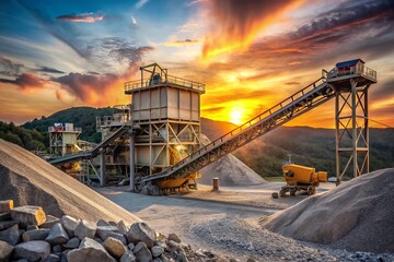 Granite Quarry Crushing Plant at Sunset with Dusty Cone Crusher and Gravel Conveyor in Action