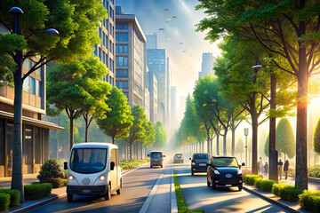 Obraz premium Sustainable Future Electric Car and Wind Turbines at Sunset