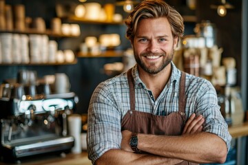 Obraz premium Smiling Barista with Arms Crossed in a Cafe