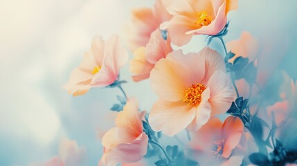 Vivid close-up of blooming colorful flowers set against a soft cloudy white background creating a dreamy atmosphere