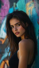 Fototapeta premium Position the model in front of colorful, expressive graffiti walls, using the urban art as part of the visual storytelling
