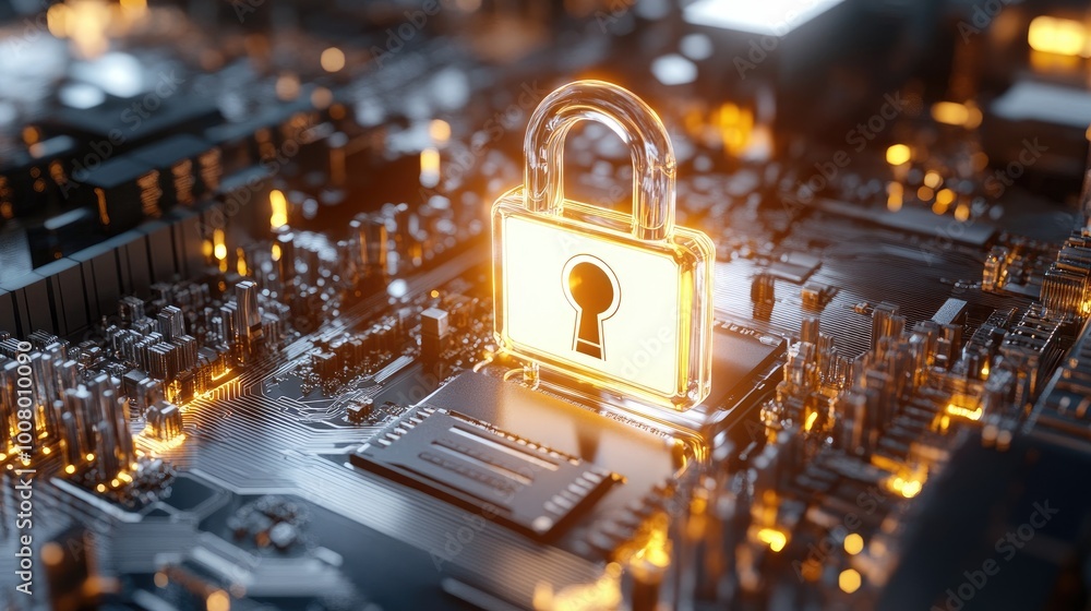 Poster digital security concept with lock on circuit board