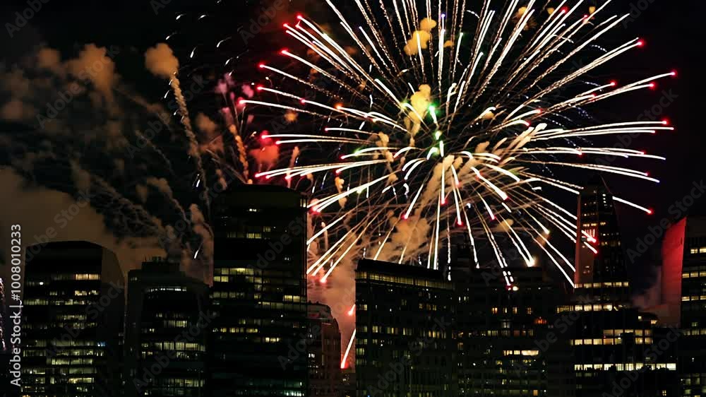 Poster camera in slow motion captures fireworks exploding in the night sky, reflected in a city skyline. th
