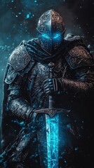 Fototapeta premium A mystical knight in shining armor, wielding a glowing sword, stands ready for battle amidst a spellbinding dark environment.