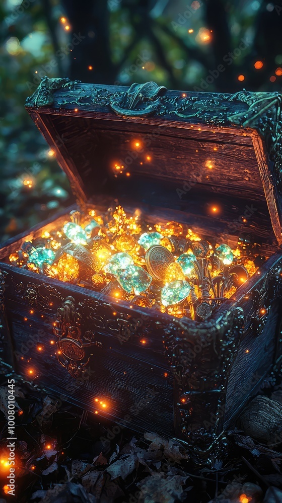 Poster a mystical treasure chest overflowing with sparkling gems and golden light, set in an enchanting for
