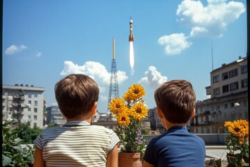 A family watching a space launch on television in the 1960s, symbolizing the excitement and collective aspirations of yesterdayâ€™s society during the space race