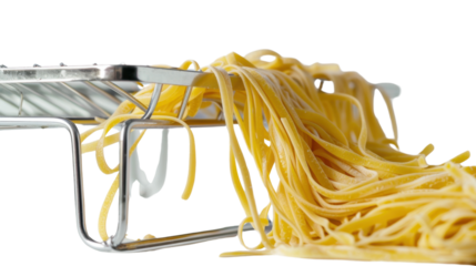 Stainless steel pasta drying rack with noodles on white background