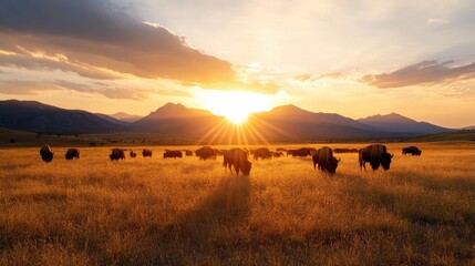 Obraz premium Bison Grazing at Sunset in a Scenic Landscape