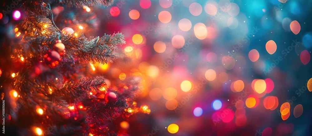Poster close-up of a christmas tree with bokeh lights in the background.