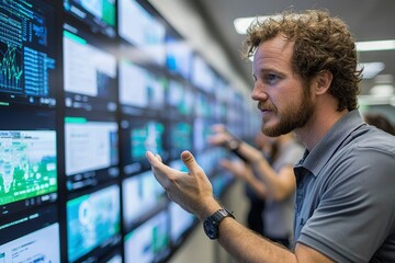 Man Gesturing Towards Wall of Screens Displaying Data