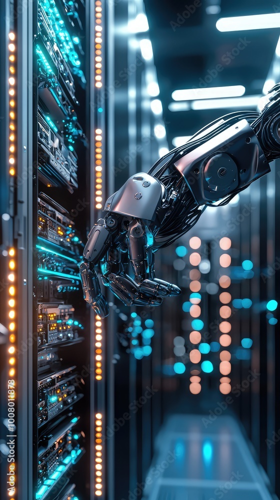 Poster a robotic arm interacting with a modern data server, showcasing advanced technology in a high-tech e