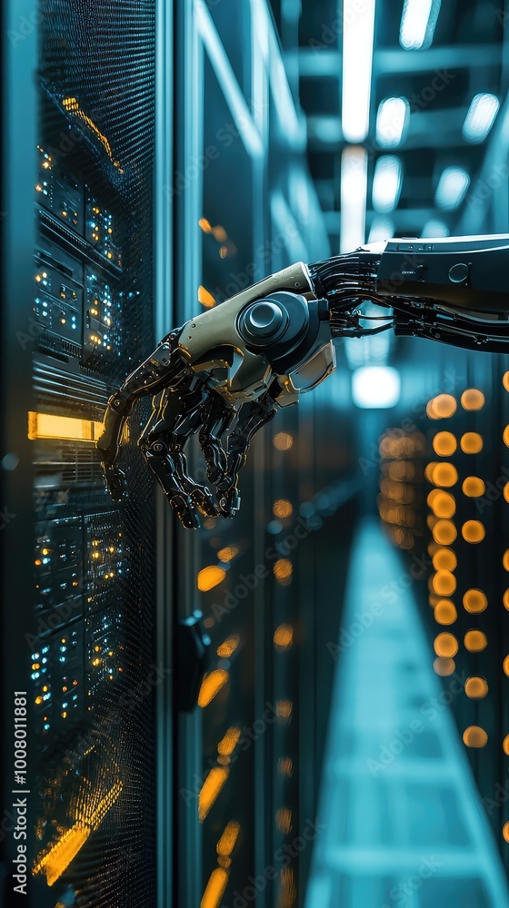 Aufkleber a robotic arm interacting with a high-tech server, showcasing modern technology in a data center env