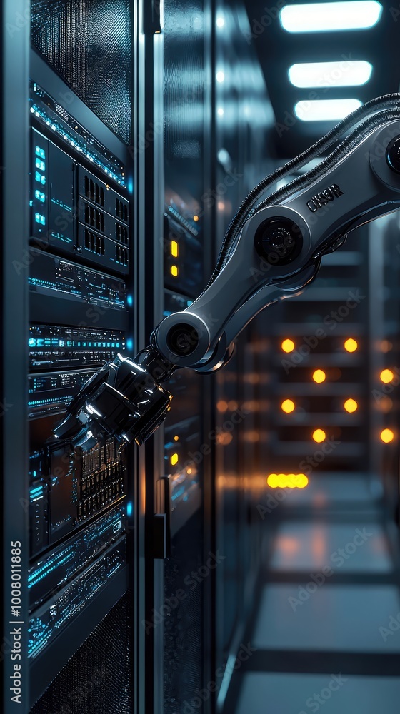 Poster a robotic arm interacting with server racks in a data center, showcasing advanced technology and aut