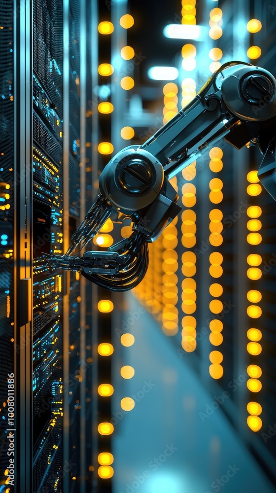 Poster a robotic arm interacting with a server in a modern data center filled with glowing lights and intri