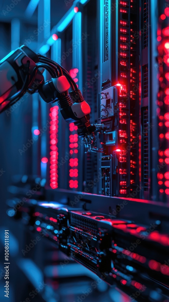 Poster a robotic arm interacts with illuminated servers, showcasing advanced technology in a modern data ce