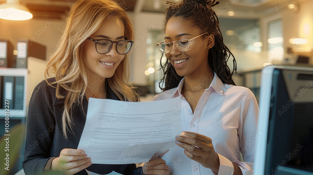 Poster two business women in an office setting, smiling and looking at documents they have printed from the