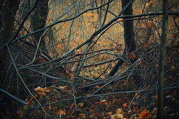 Intricate web of tangled branches and fallen leaves in a quiet forest, capturing the essence of autumn wilderness and natural beauty