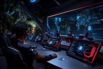 A futuristic office with glowing digital screens, where a team of people are working on innovative projects, capturing the excitement of tomorrowâ€™s opportunities in a high-tech world