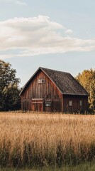 A rustic wooden barn set against a beautiful landscape, surrounded by golden fields and vibrant trees under a blue sky.