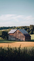 Obraz premium A rustic wooden barn stands surrounded by lush fields under a clear blue sky, showcasing a tranquil rural landscape.