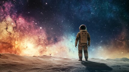 Obraz premium Capture a breathtaking scene of an astronaut standing on the surface of an alien planet, with a vast starry sky and distant galaxies in the background, reflecting the awe and wonder of space 