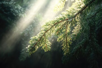Naklejka premium Sunbeams Illuminating a Frosted Pine Branch