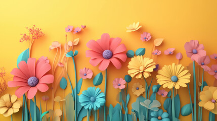 Colorful 3D flowers on a yellow background.