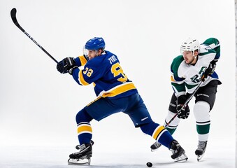 A hockey player on the ice fights for the puck