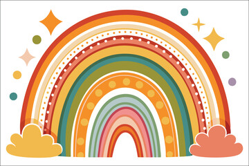 Cute Cartoon Hand-Drawn Rainbow Stickers for Kids &ndash; Cloud, Sun & Heart Vector Set.