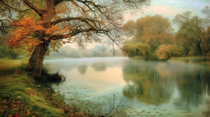 Fototapeta premium Autumnal Serenity: A Foggy River Scene
